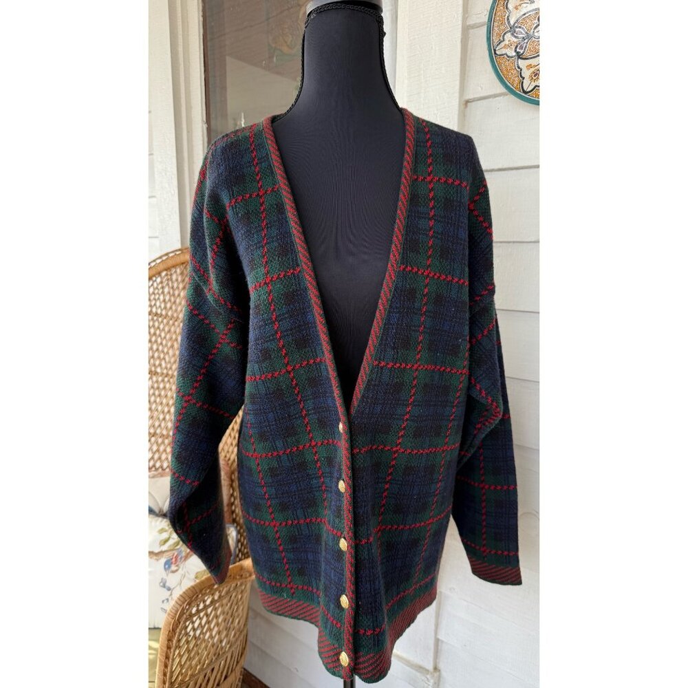 Vintage 80's Pendleton Womens Wool Plaid Cardigan Sweater Red Blue Green XL - Picture 12 of 13